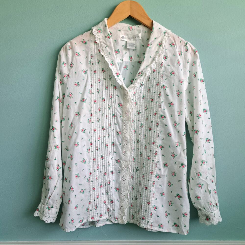EILEEN WEST Dainty Floral Pintuck Lace Top Small Cotton Pink White Cottage PJ